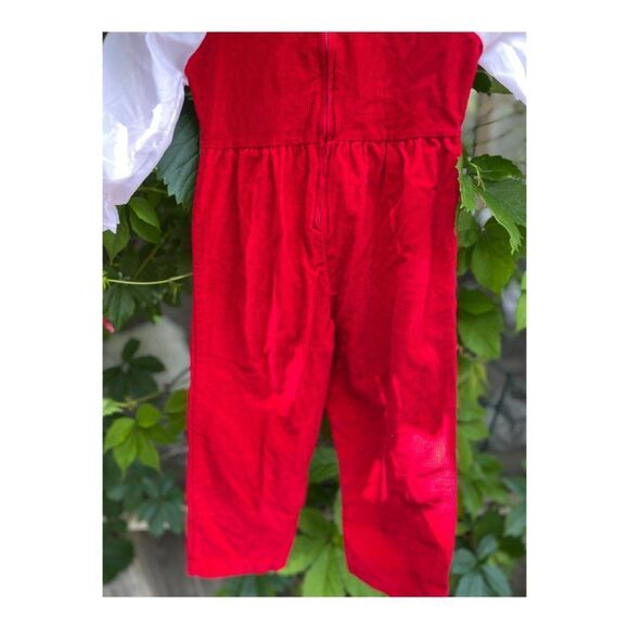 Vintage 80s Red Velvet Corduroy Romper Suit Formal White Lace One Piece Sz 3 - Picture 12 of 14